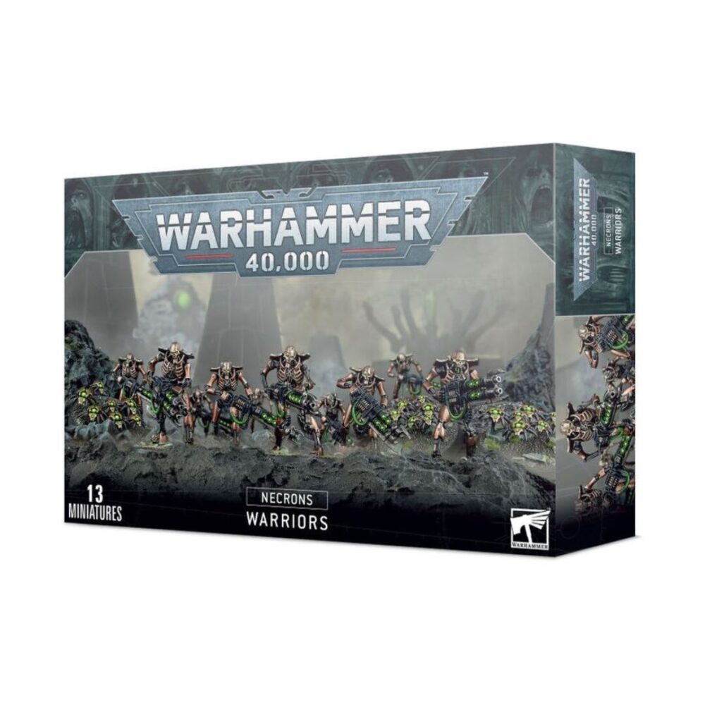 Image of the Necrons: Warriors box, showcasing skeletal Necron soldiers with gauss weaponry and accompanying Scarab Swarms