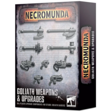 Box art of Necromunda: Goliath Weapons & Upgrades, showcasing a variety of brutal weapons for House Goliath