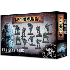 Box art of Necromunda: Van Saar Gang, showcasing high-tech fighters in advanced bodyglove armor