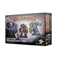 Box art of Necromunda: Luther Pattern Excavation Automata "Ambot", showcasing two heavily armoured mining constructs