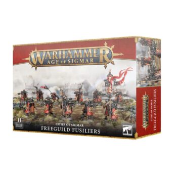 Box art and miniatures of the Freeguild Fusiliers showing their defensive setup and artillery capabilities.