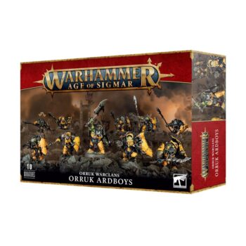Box art and miniatures of the Orruk Ardboyz showing various assembly options.