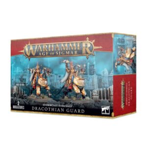Box art of Stormcast Eternals: Dracothian Guard showcasing the dynamic poses of the cavalry on Dracoth mounts.