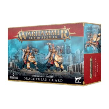 Box art of Stormcast Eternals: Dracothian Guard showcasing the dynamic poses of the cavalry on Dracoth mounts.
