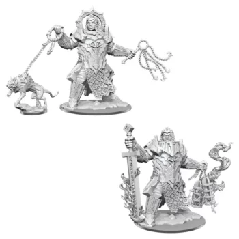 Image shows the two forms of the Fire Giant D&D miniature. One holds a burning sword and lantern, the other figure holding a hell hound and a five headed whip